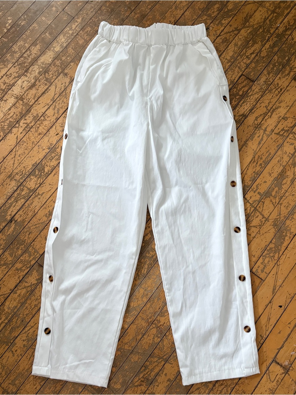 White Button-Side Elastic Waist Lightweight Trousers Size Small
